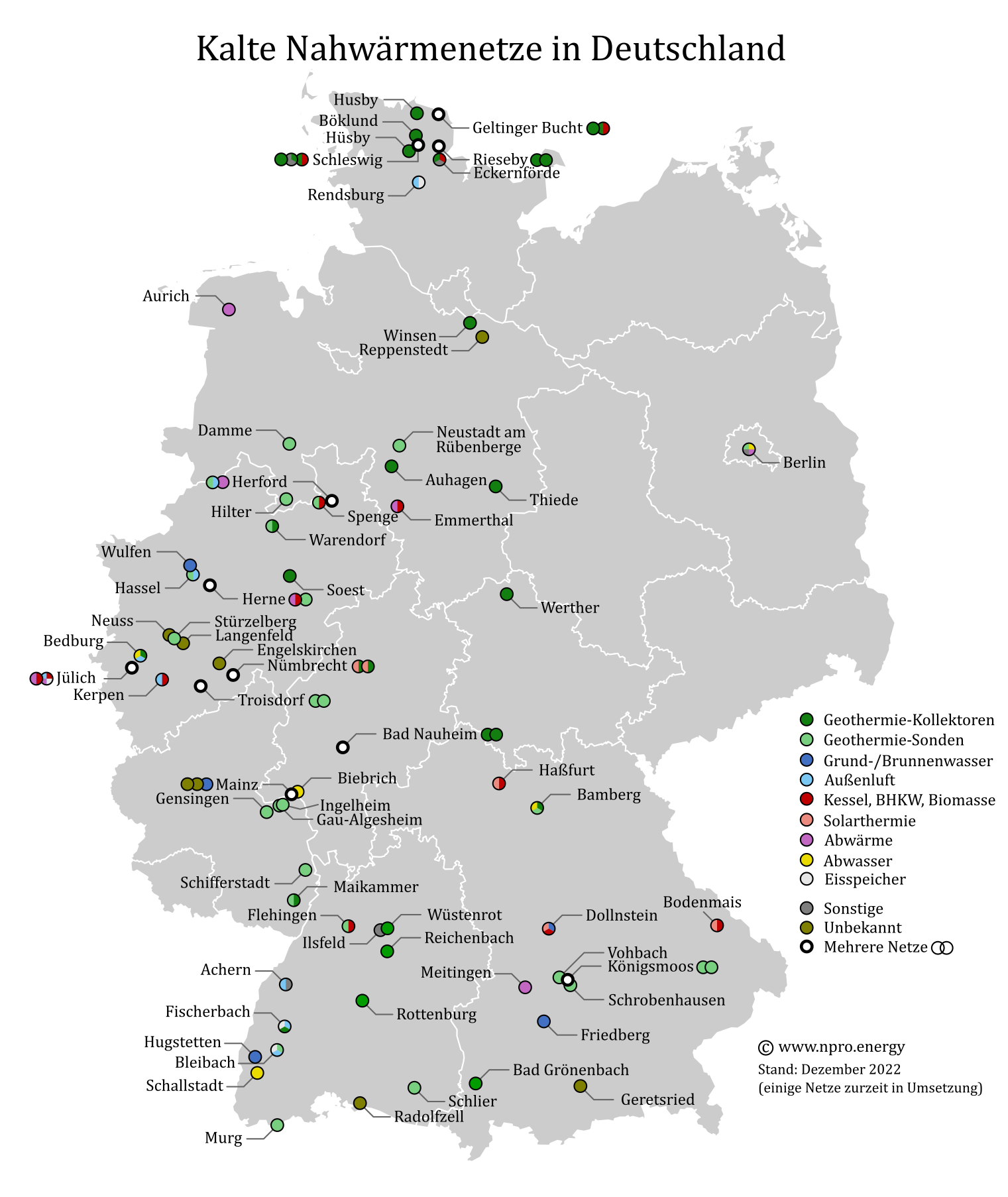 Karte mit kalter Nahwärme/Anergienetzen in Deutschland
