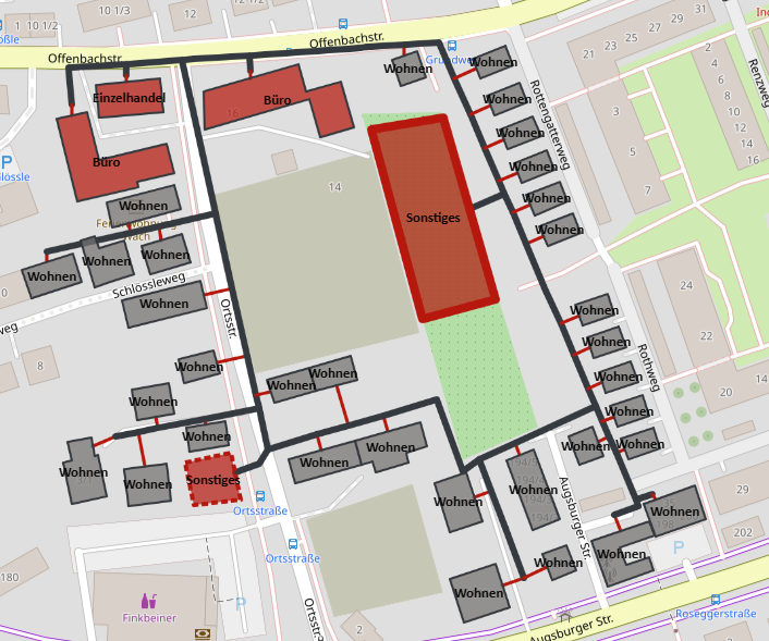 Karte des Quartiers mit Wärmenetz, Gebäuden und den beiden Energiezentralen