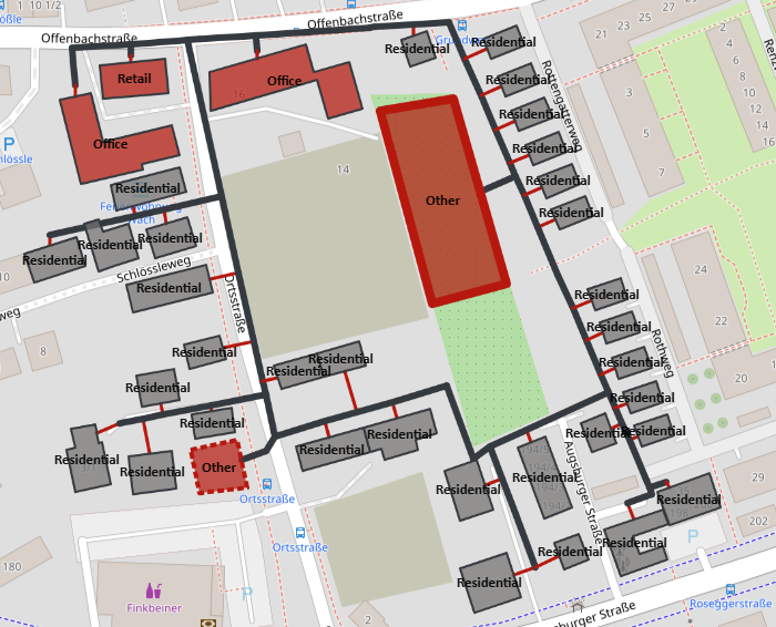 Map of the district with the heating network, the buildings and the two energy centers