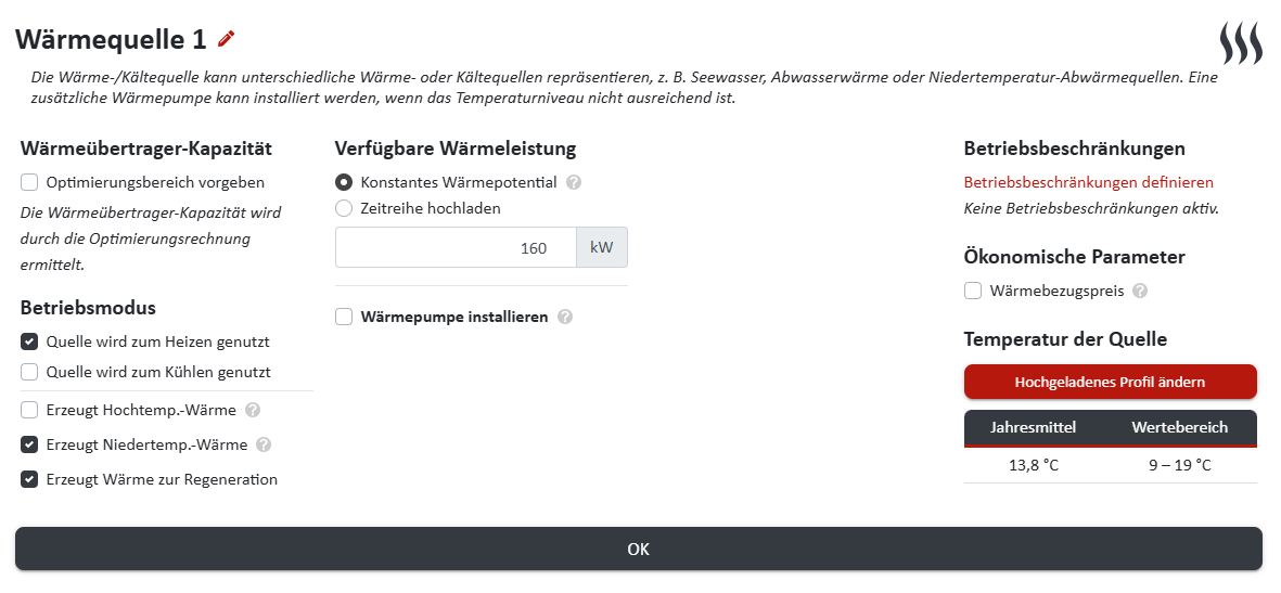Einstellungen der Wärmequelle 1 in nPro