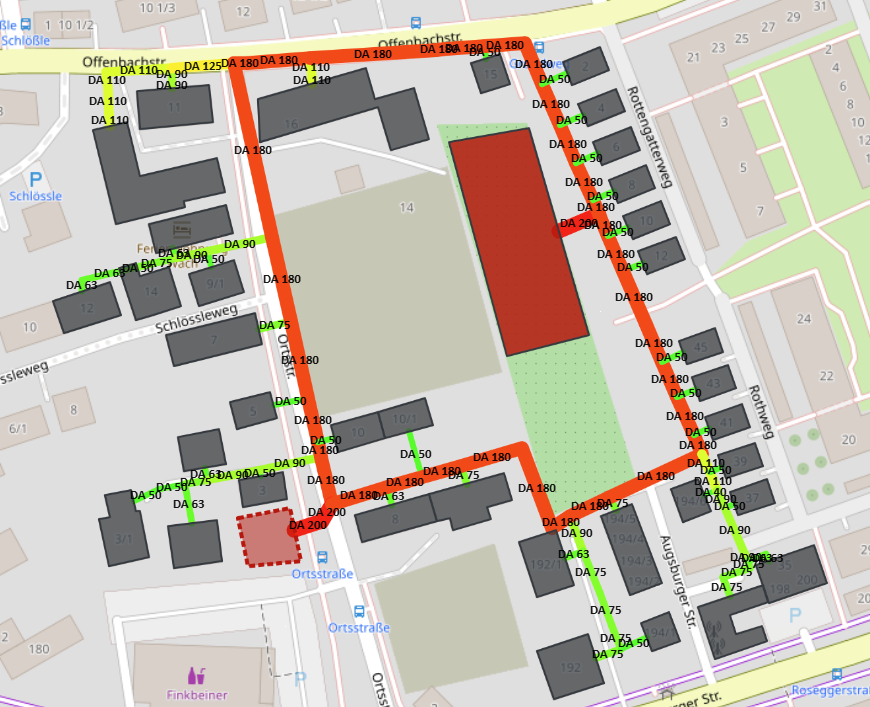 Map of the district with the calculated nominal pipe diameters