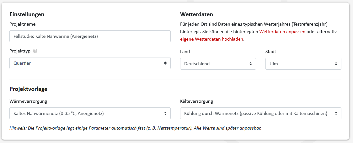 Anlegen des Projekts in nPro: Projekttyp Quartier, Projektvorlage kaltes Nahwärmenetz mit Kühlung durch das Wärmenetz