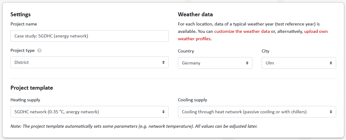 Creating the project in nPro: project type district, project template cold district heating network with cooling via the heating network