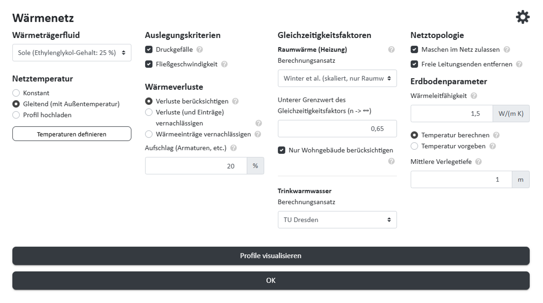 Einstellungsmaske für das Wärmenetz in nPro
