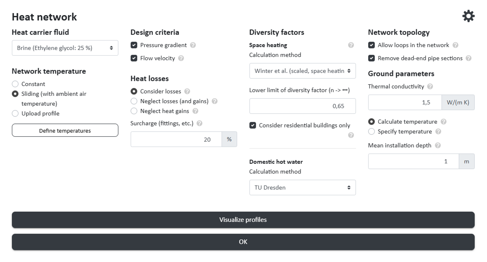 Settings dialog for the heating network in nPro