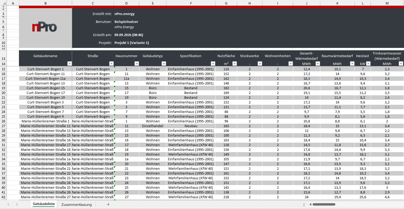 Excel-Export Gebäudeliste nPro