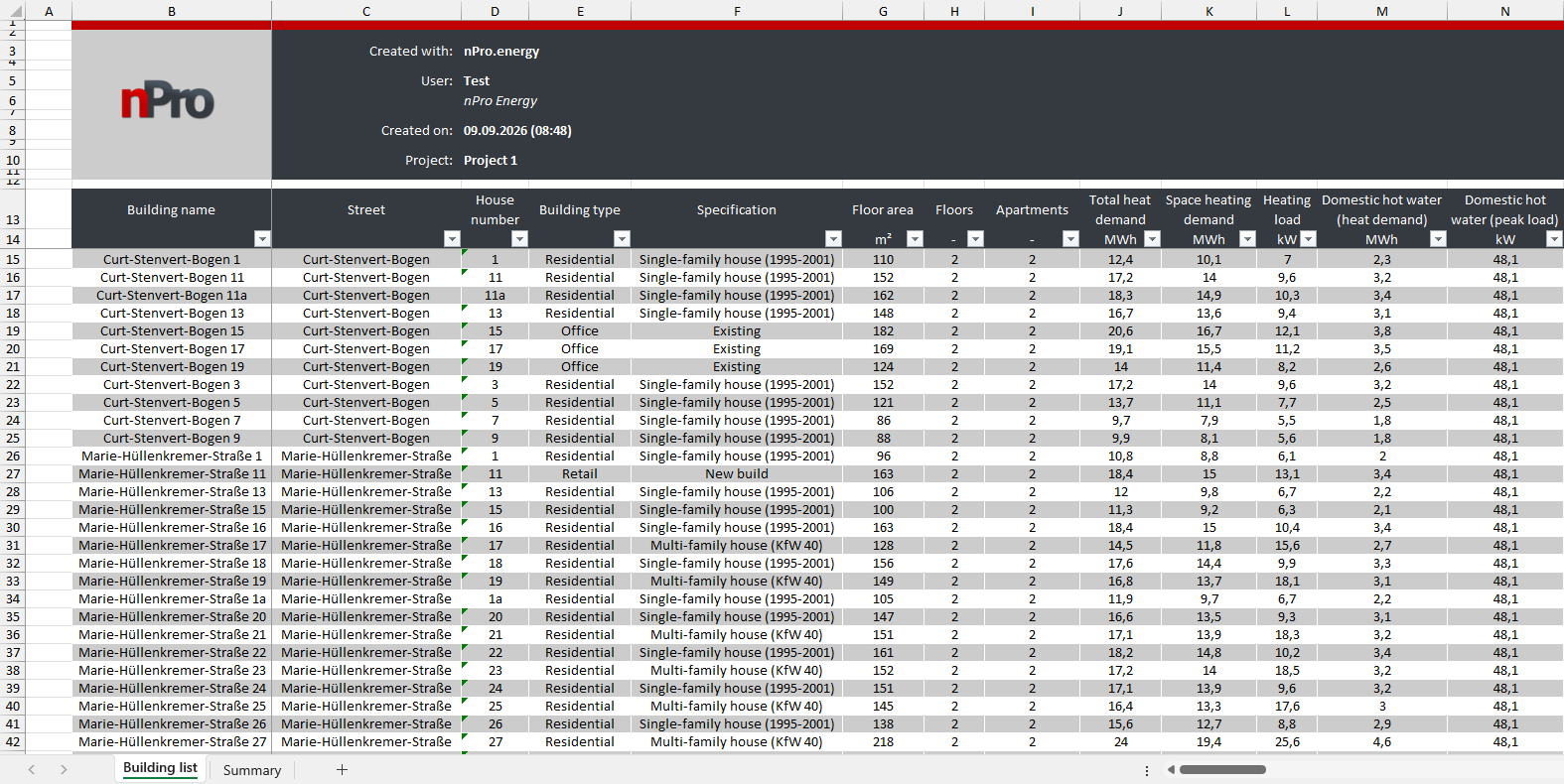 Excel export building list nPro