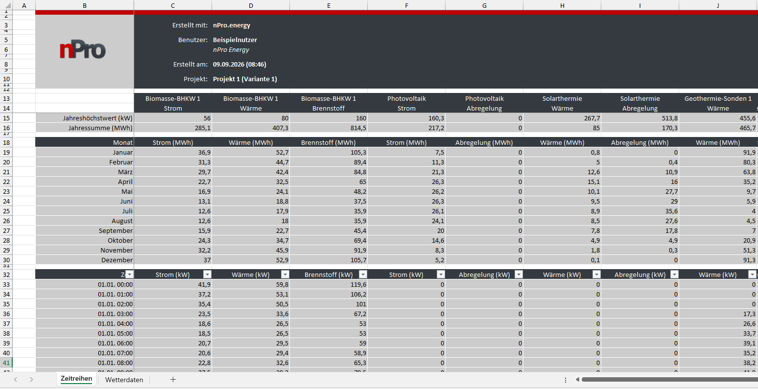 Excel-Export Energiezentrale und Wetterdaten nPro