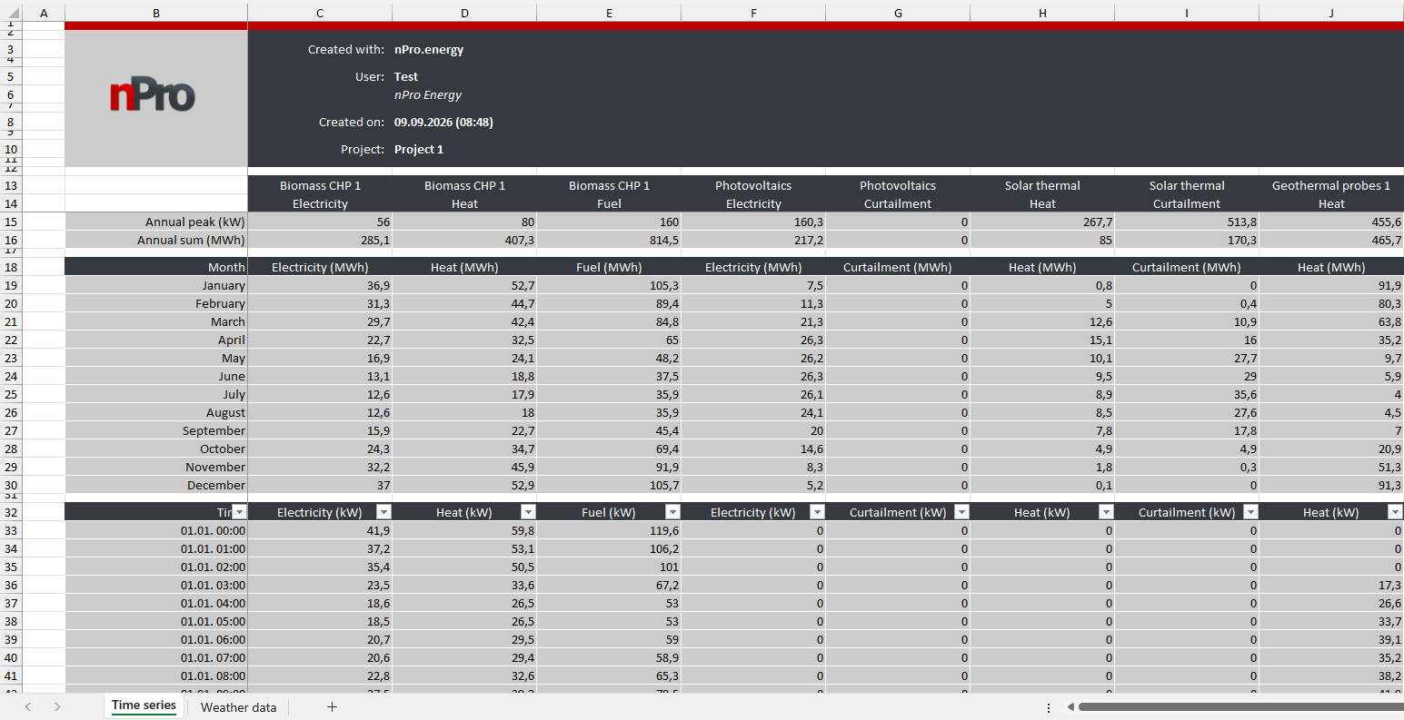 Excel export energy hub and weather data nPro
