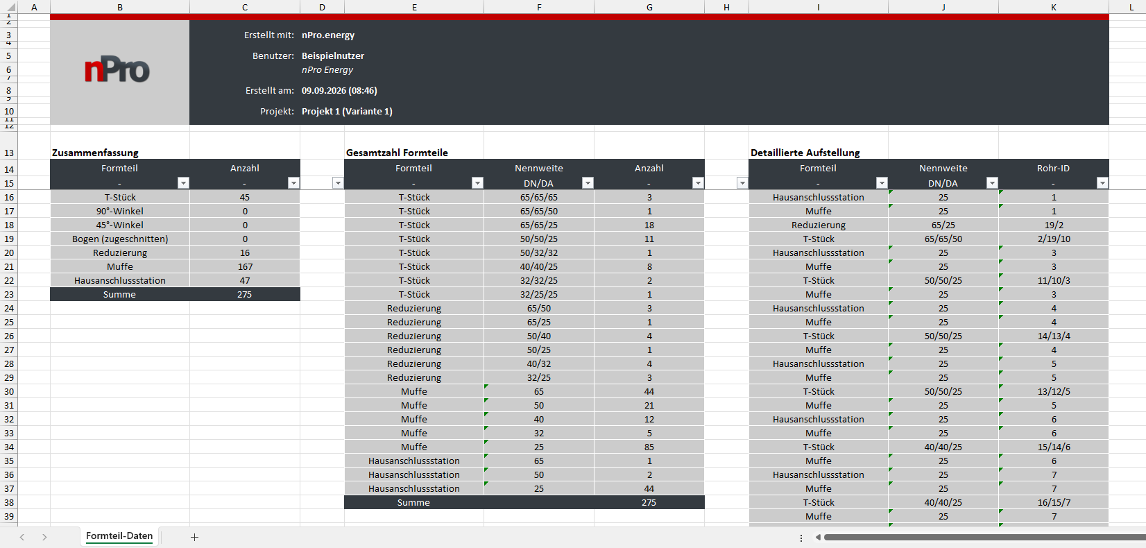 Excel-Export Formteilliste nPro