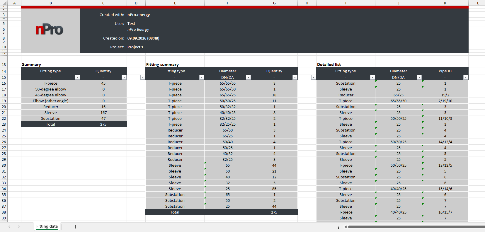 Excel export fittings list nPro