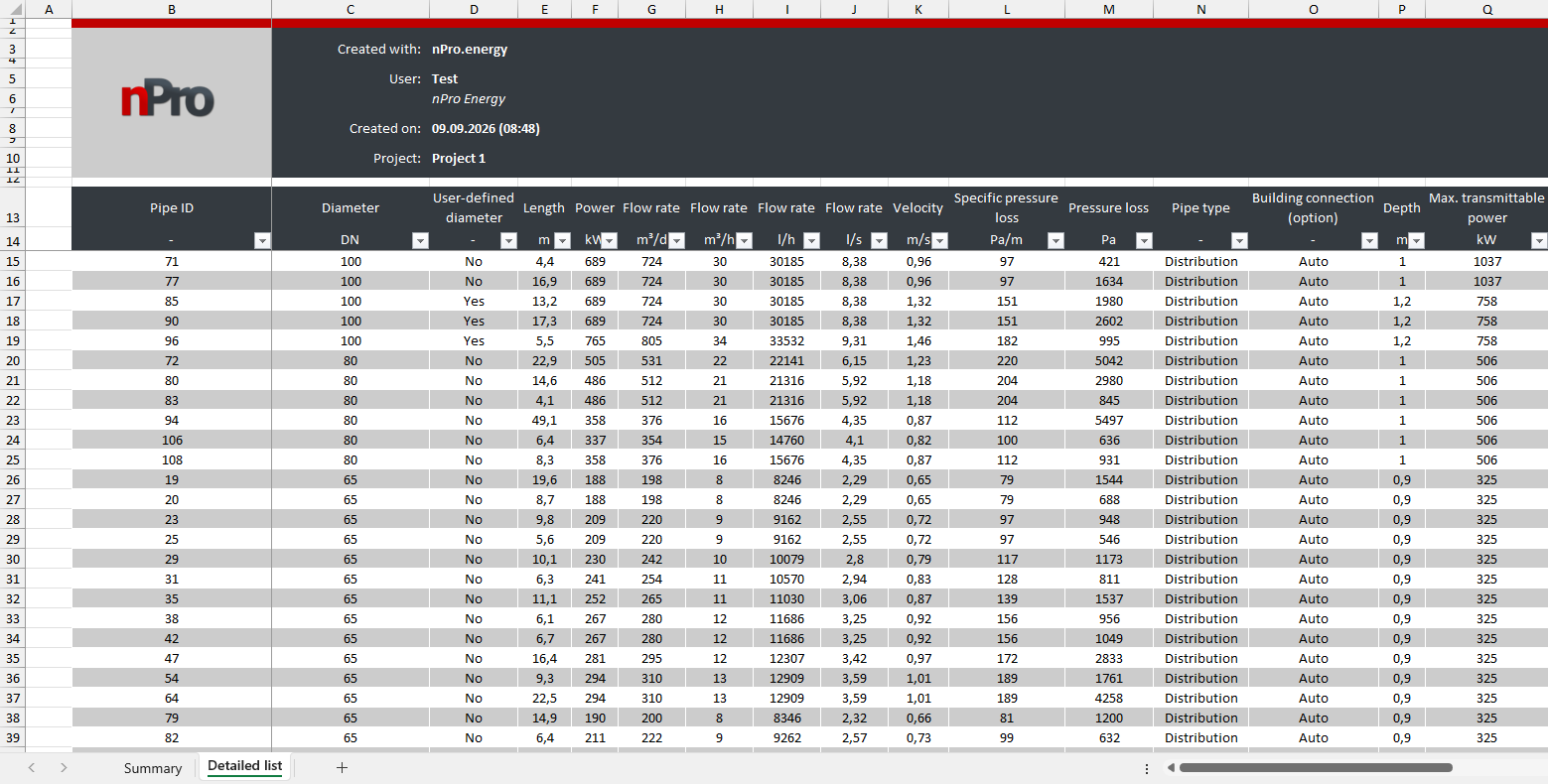 Excel export pipe list nPro