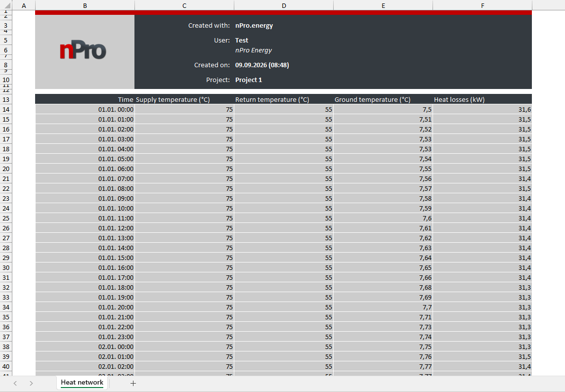 Excel export temperature profiles and heat losses nPro