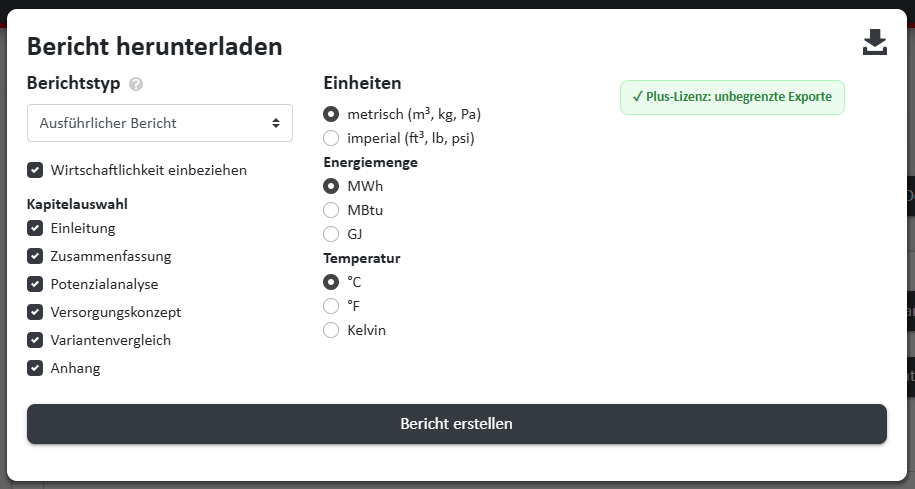 Exporteinstellungen ausführlicher Projektbericht