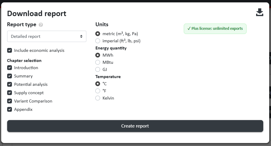 Export settings for detailed project report