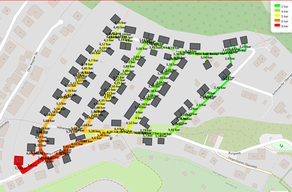 Map view of the heating network in nPro with color-coded total pressures of the pipes