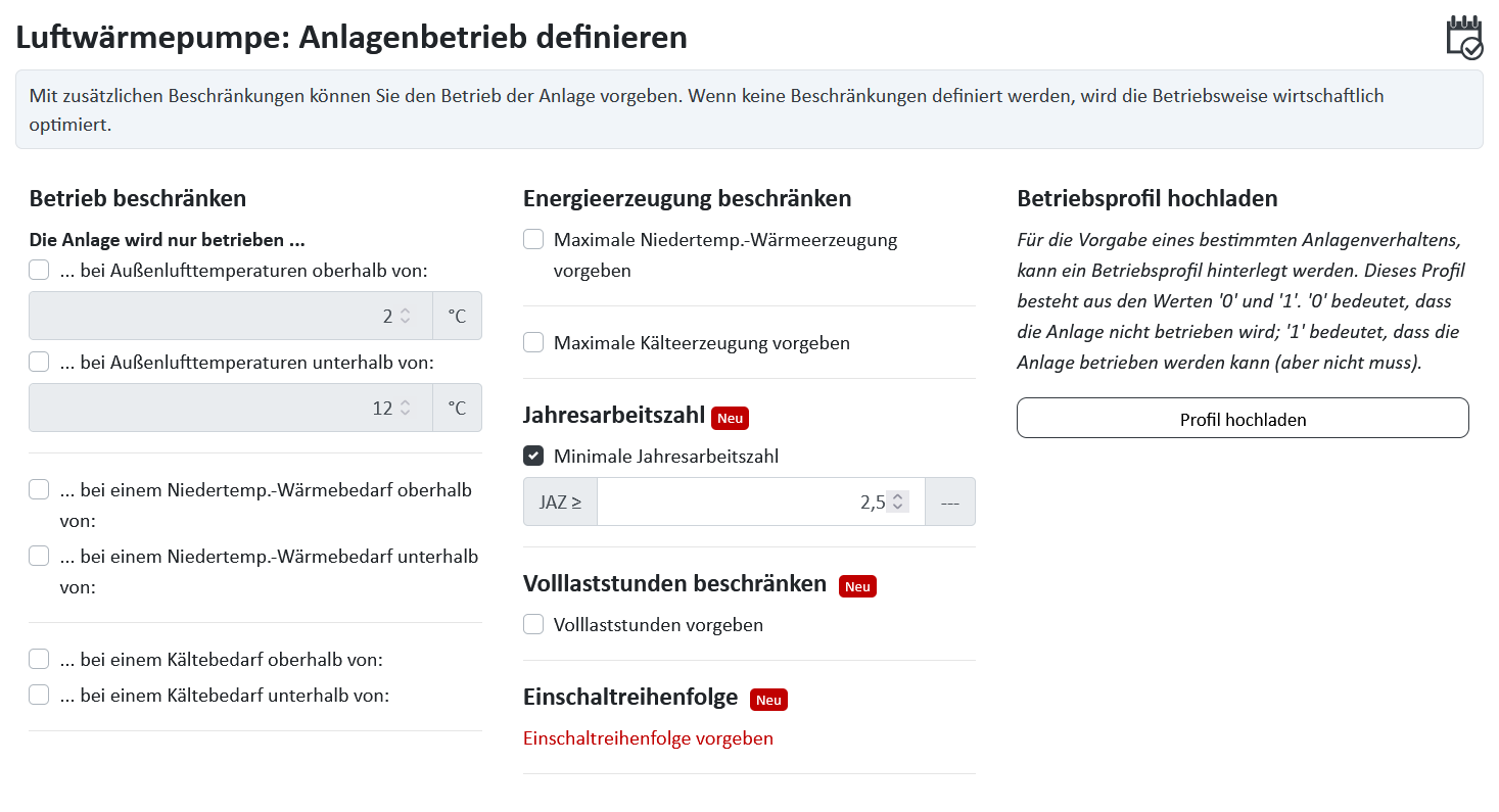 Dialog zur Definition von Betriebsbeschränkungen der Luftwärmepumpe