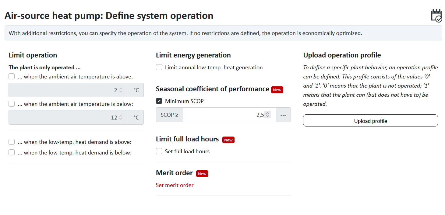 Dialog for defining operational restrictions of the air-source heat pump