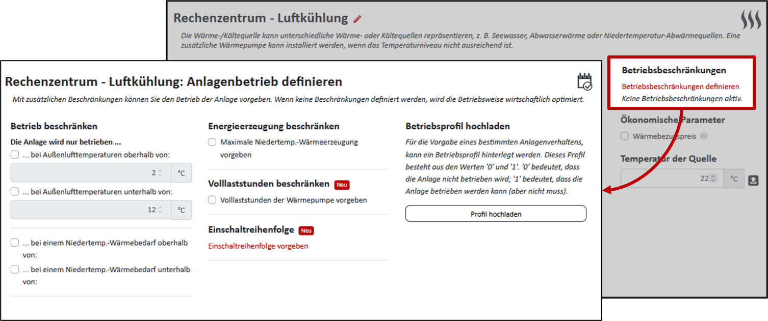 Anpassung/Hinzufügen von Betriebsbeschränkungen für die Wärmequelle