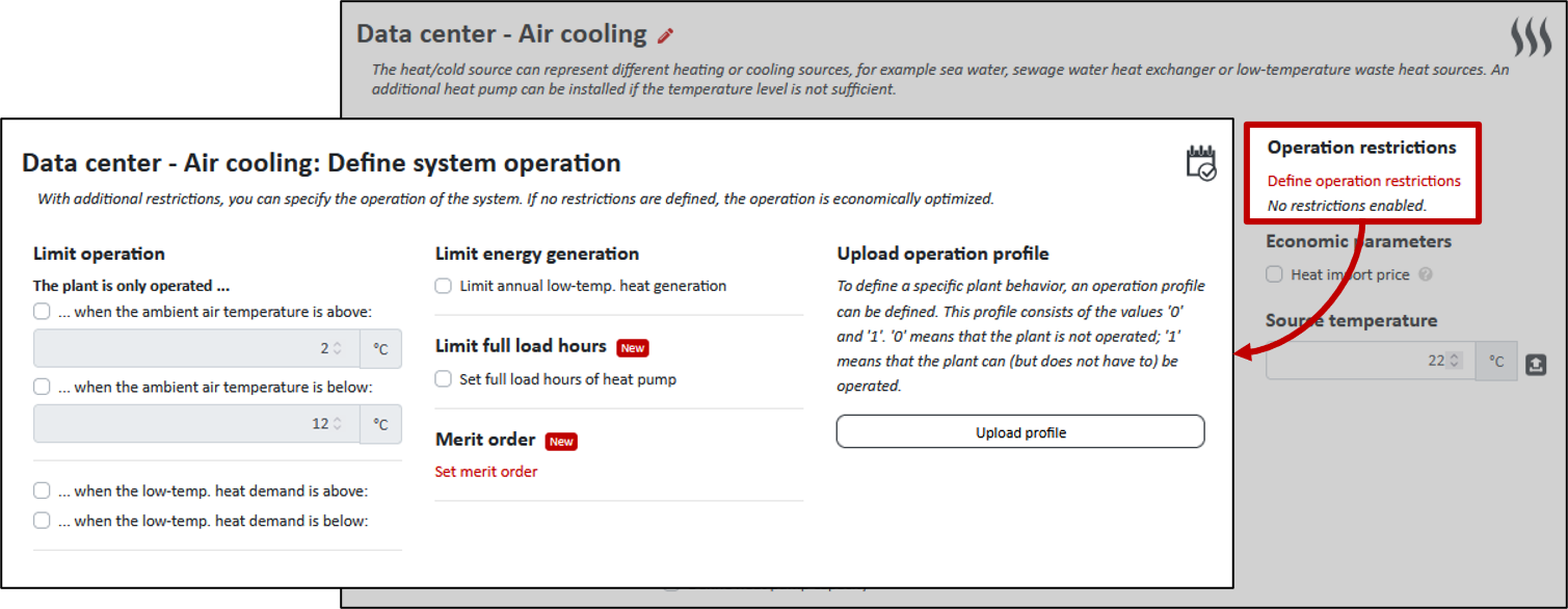 Adjusting/adding operational restrictions for the heat source