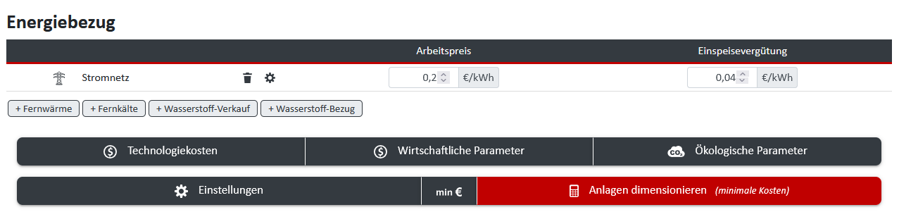Schaltflächen für die Einstellung ökonomischer und ökologischer Randbedingungen