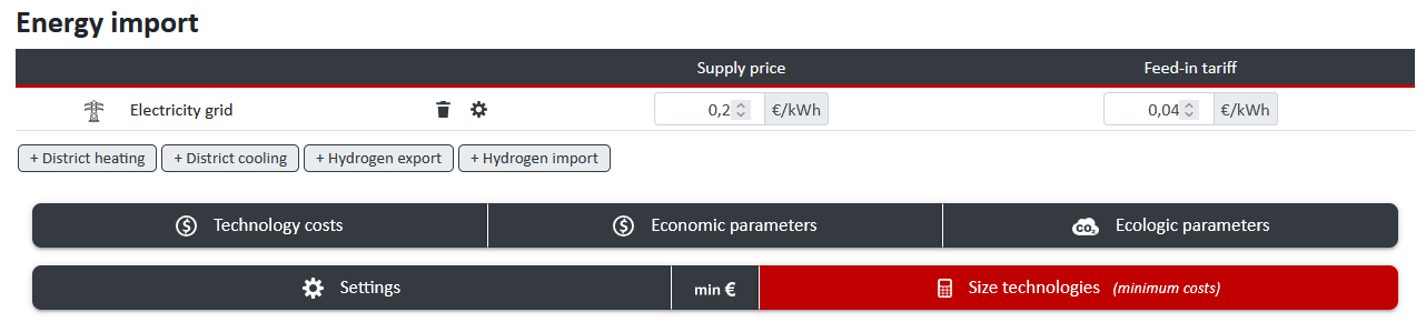 Buttons for setting economic and environmental boundary conditions
