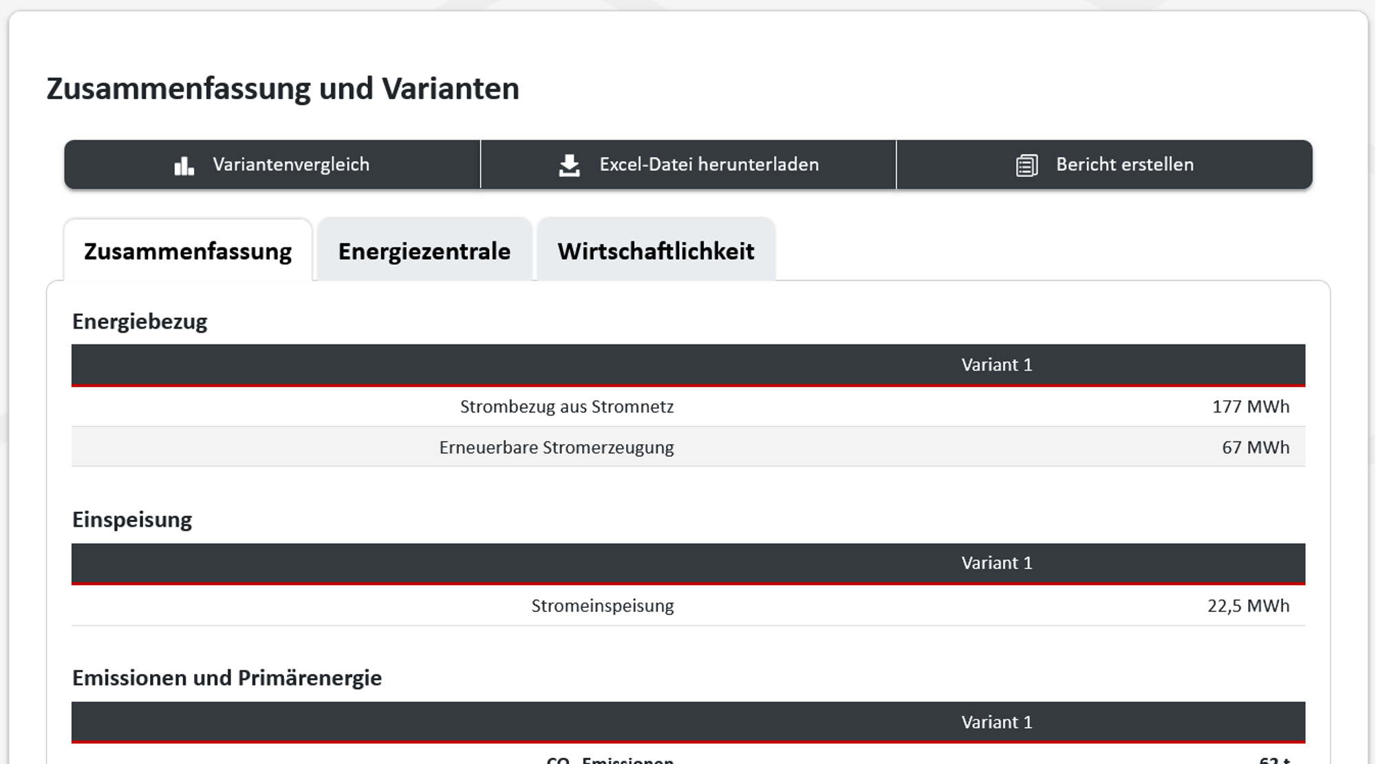 Ausschnitt der Ergebnis-Seite für die zusammenfassende Darstellung
