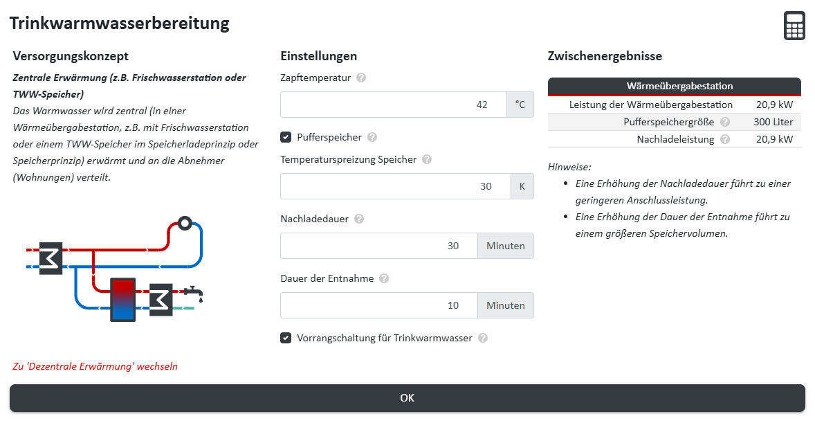 Berechnung der Wärmeübergabestation und des Pufferspeichers in nPro