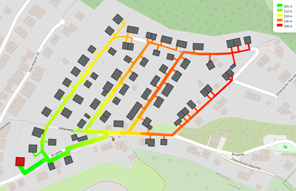 Map view of the heating network in nPro with color-coded elevation profile of the pipes