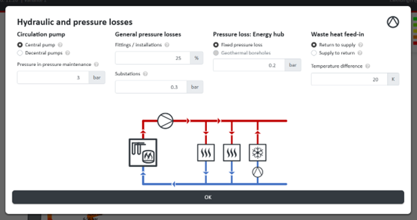 Input mask of the hydraulic settings in nPro with options for pump concept, pressure maintenance and pressure losses