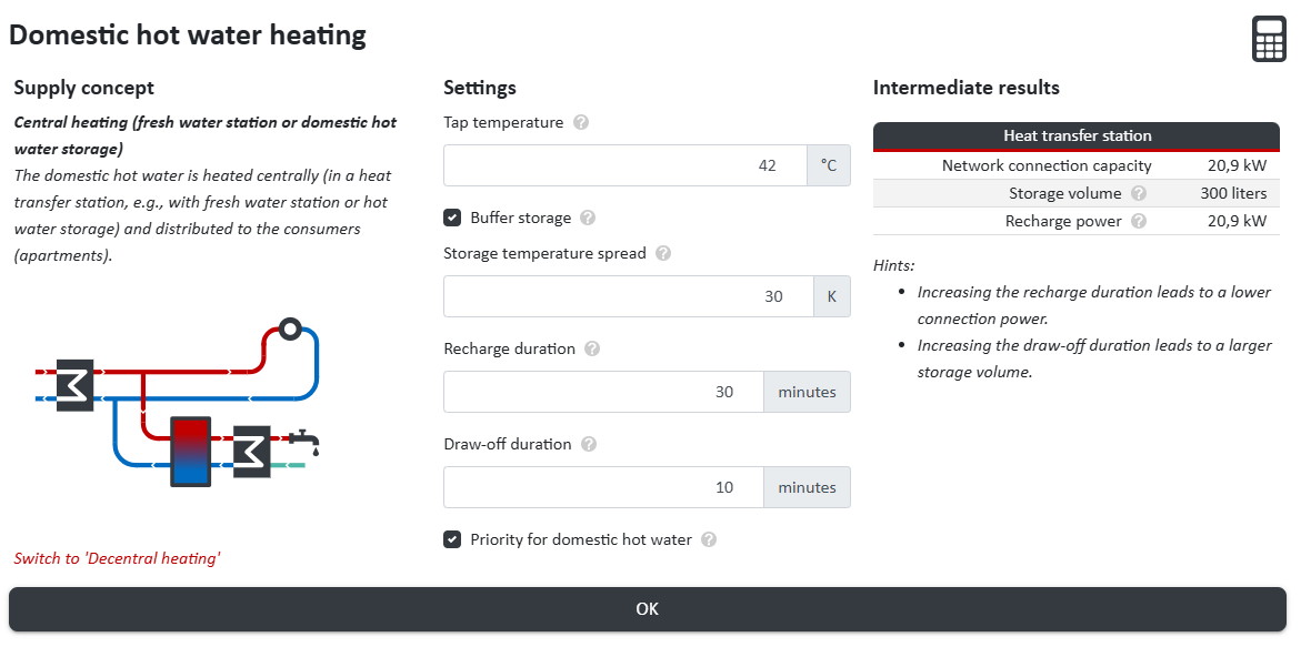 Calculation of the heat transfer station and the buffer storage in nPro